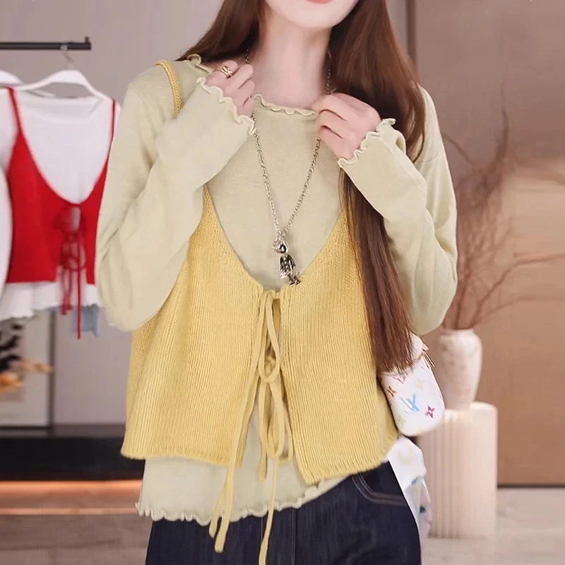 法式别致长袖打底上衣女2025秋季新款针织马甲吊带背心叠穿两件套