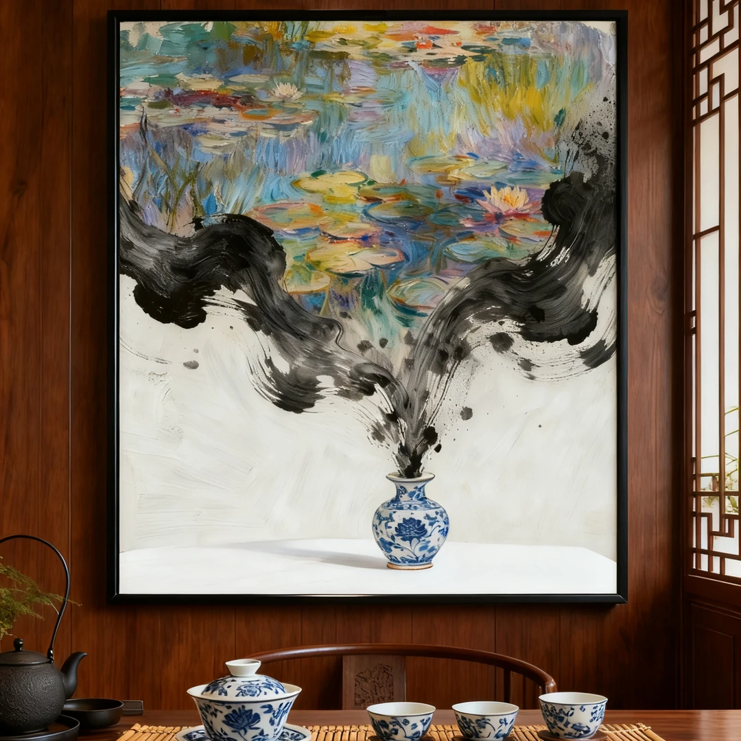 墨韵莲境画40*50沙发背景墙高级感装饰画默认发黑框