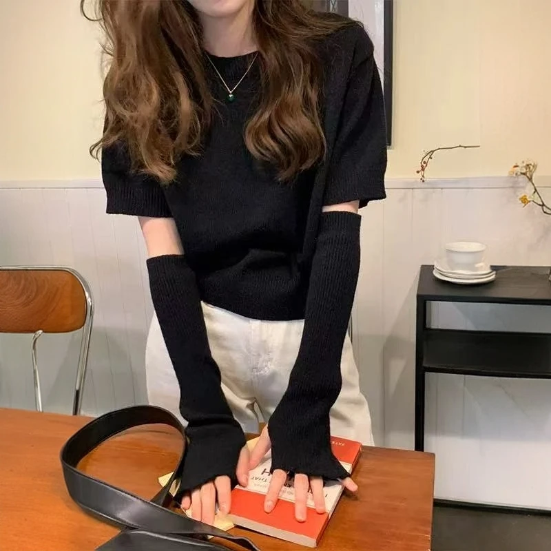 短袖毛衣女别致秋冬新款修身显瘦设计感袖套针织衫短款内搭上衣女