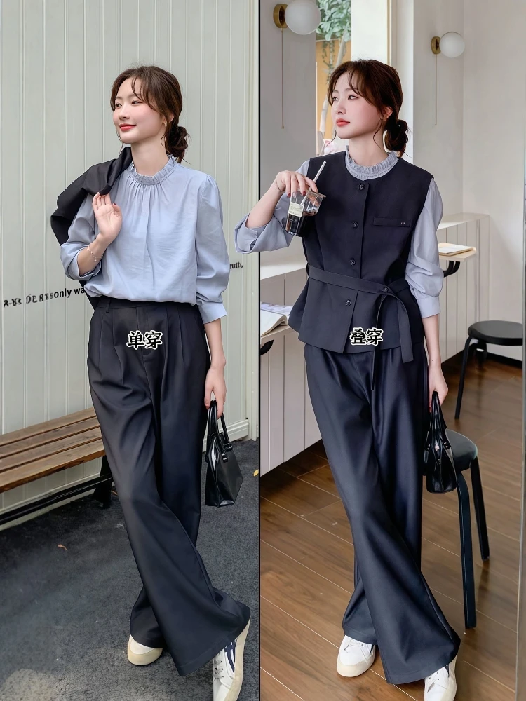 秋季穿搭一整套ootd衬衫马甲阔腿裤高级感气质通勤减龄叠穿三件套