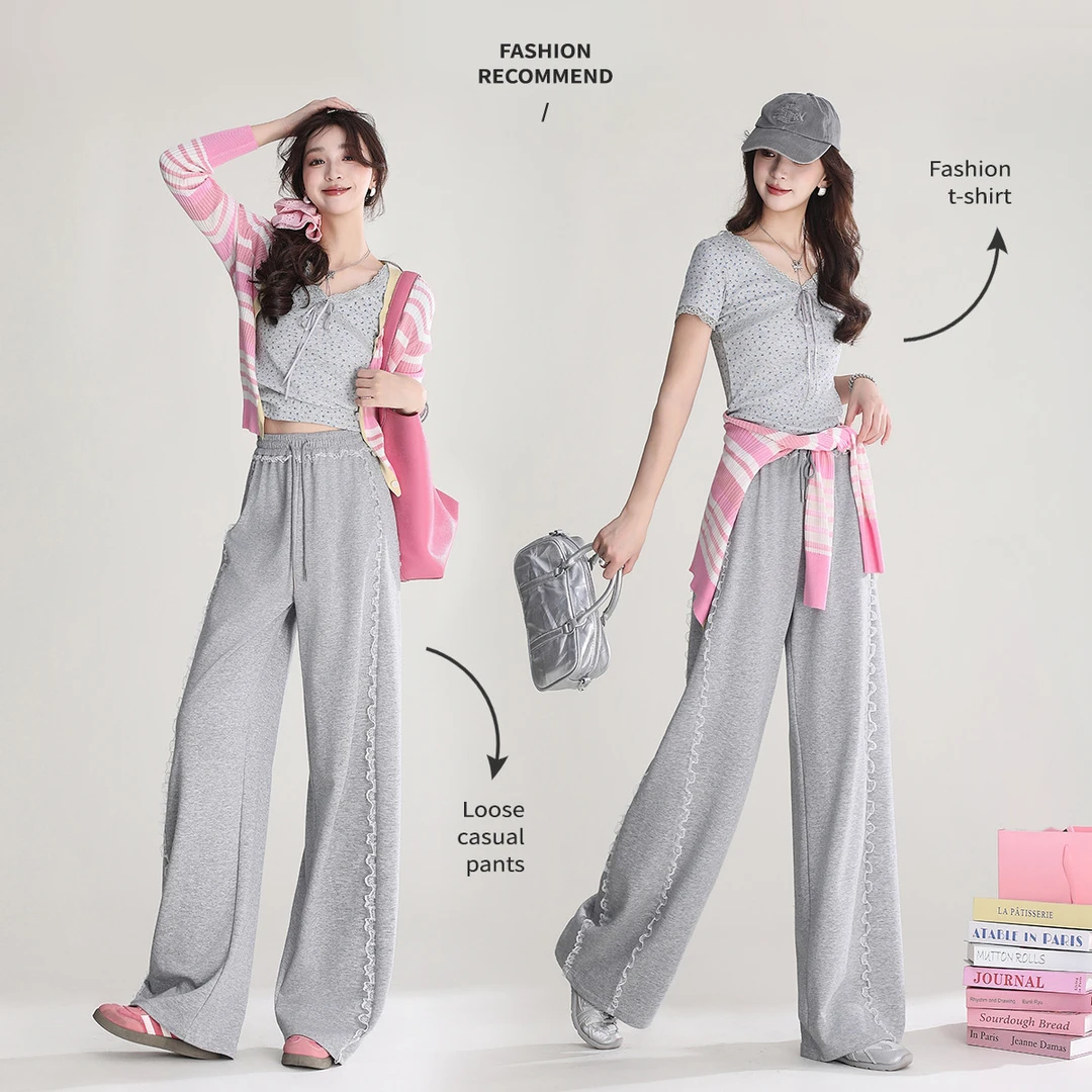 白鹿语春时尚夹筋花边设计直筒宽松橡筋腰长裤女装休闲裤BY20214