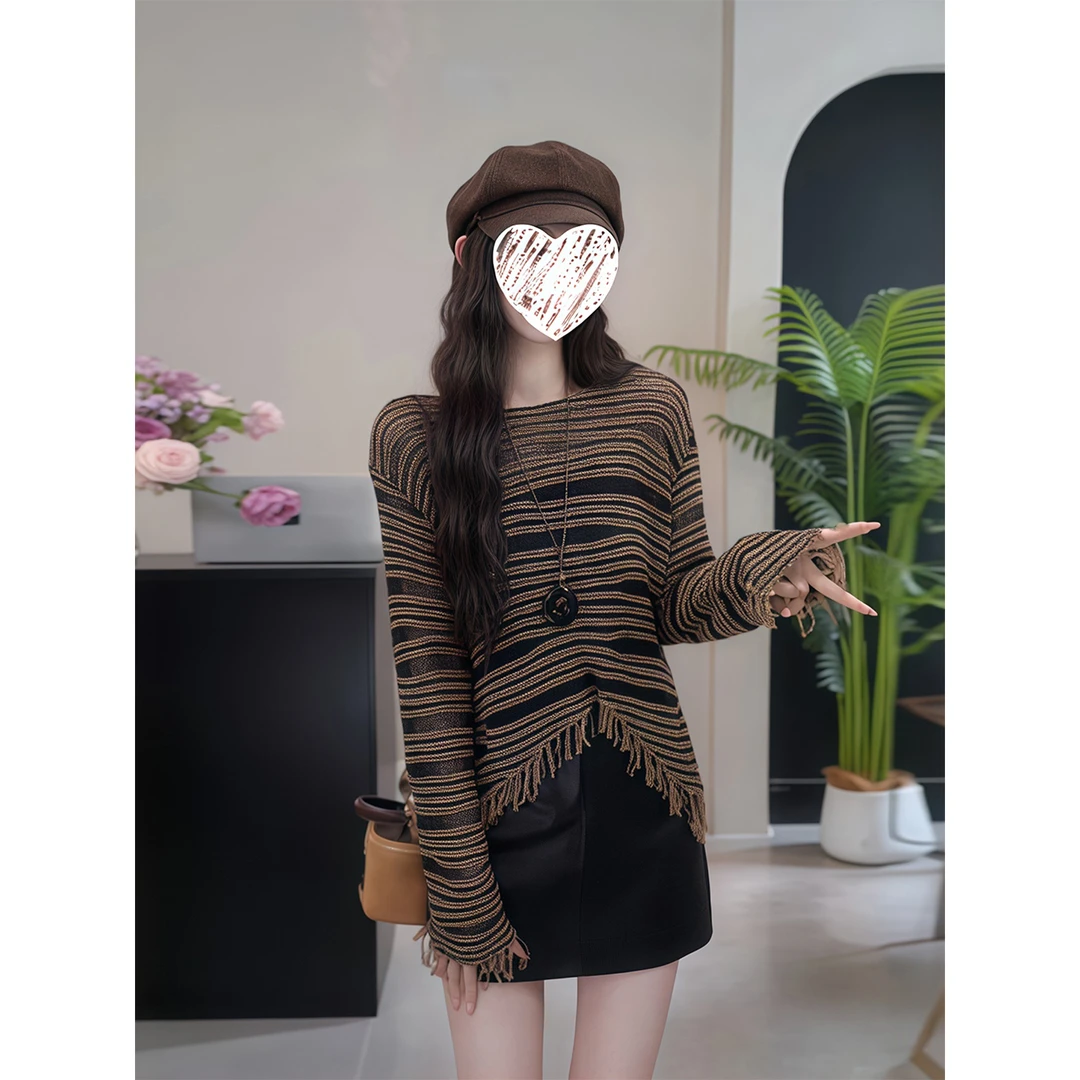 纯欲辣妹流苏镂空长袖针织衫女秋季新款不规则宽松显瘦高级感上衣