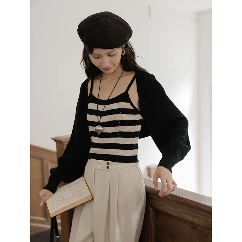 【年中大促】谜秀新品针织开衫条纹吊带背心韩版时尚慵懒感短款百搭
