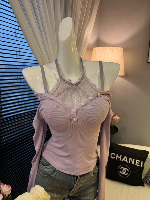 性感纯欲V领纽扣长袖t恤女2025年春季新款设计螺纹修身显瘦打底衫