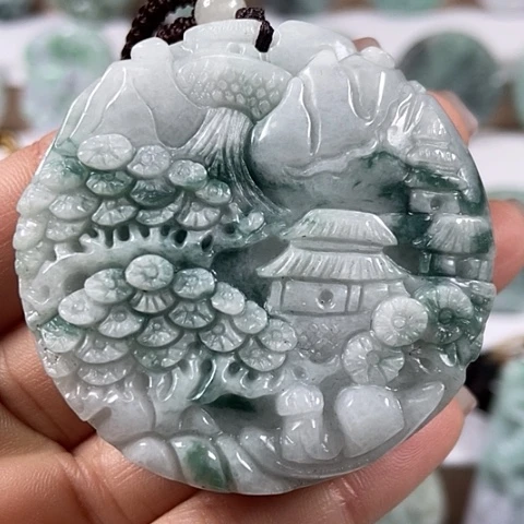 翡翠颈饰未镶嵌山水两面工厚卡15+两面工福利