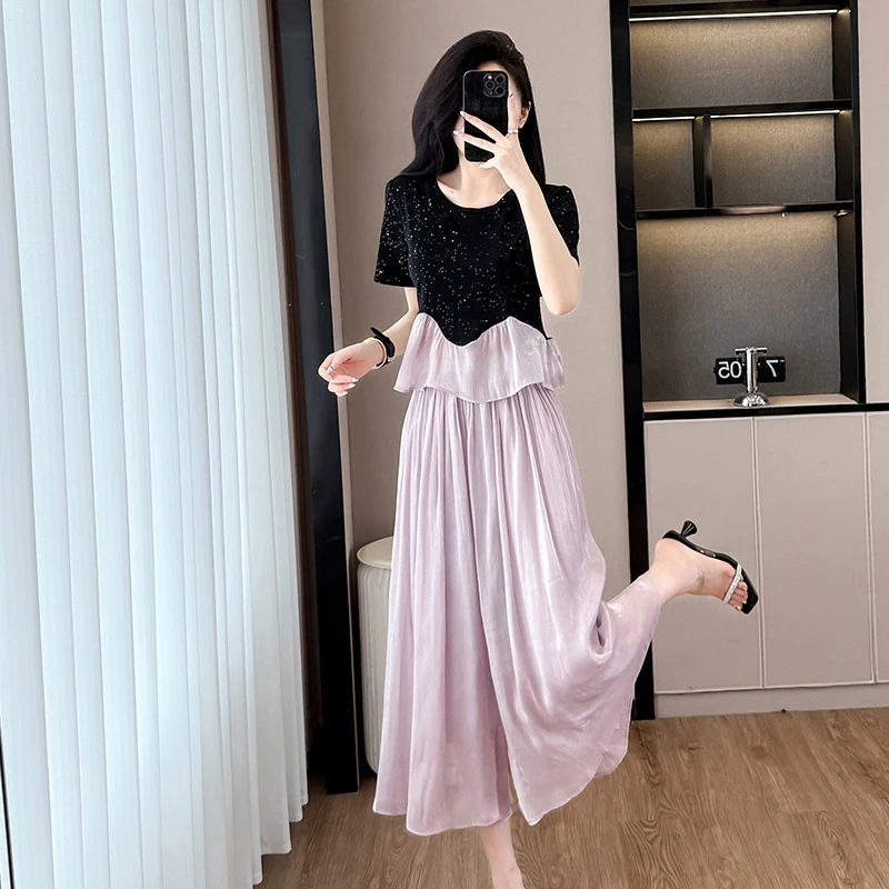 2025夏季时尚小众设计感气质短袖上衣+琉璃冰丝垂感阔腿裤