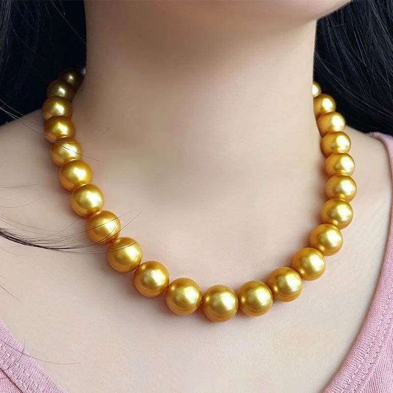 链子925银 南洋浓金色圆珠项链素圈百搭颈饰精致妈妈礼物光面贝珠