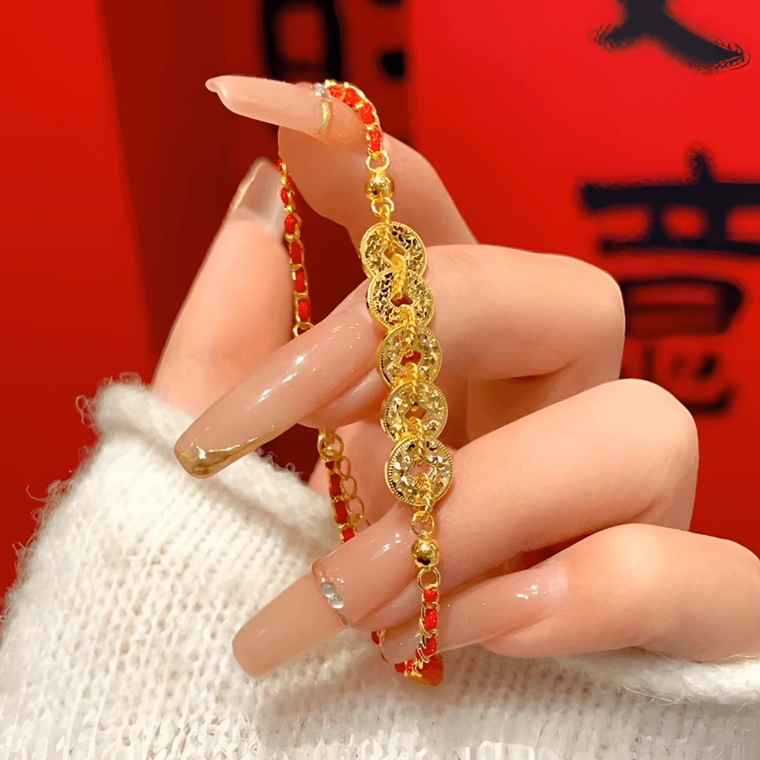 铜合金手链 新中式国潮爆闪五帝钱盘缠红绳手链女