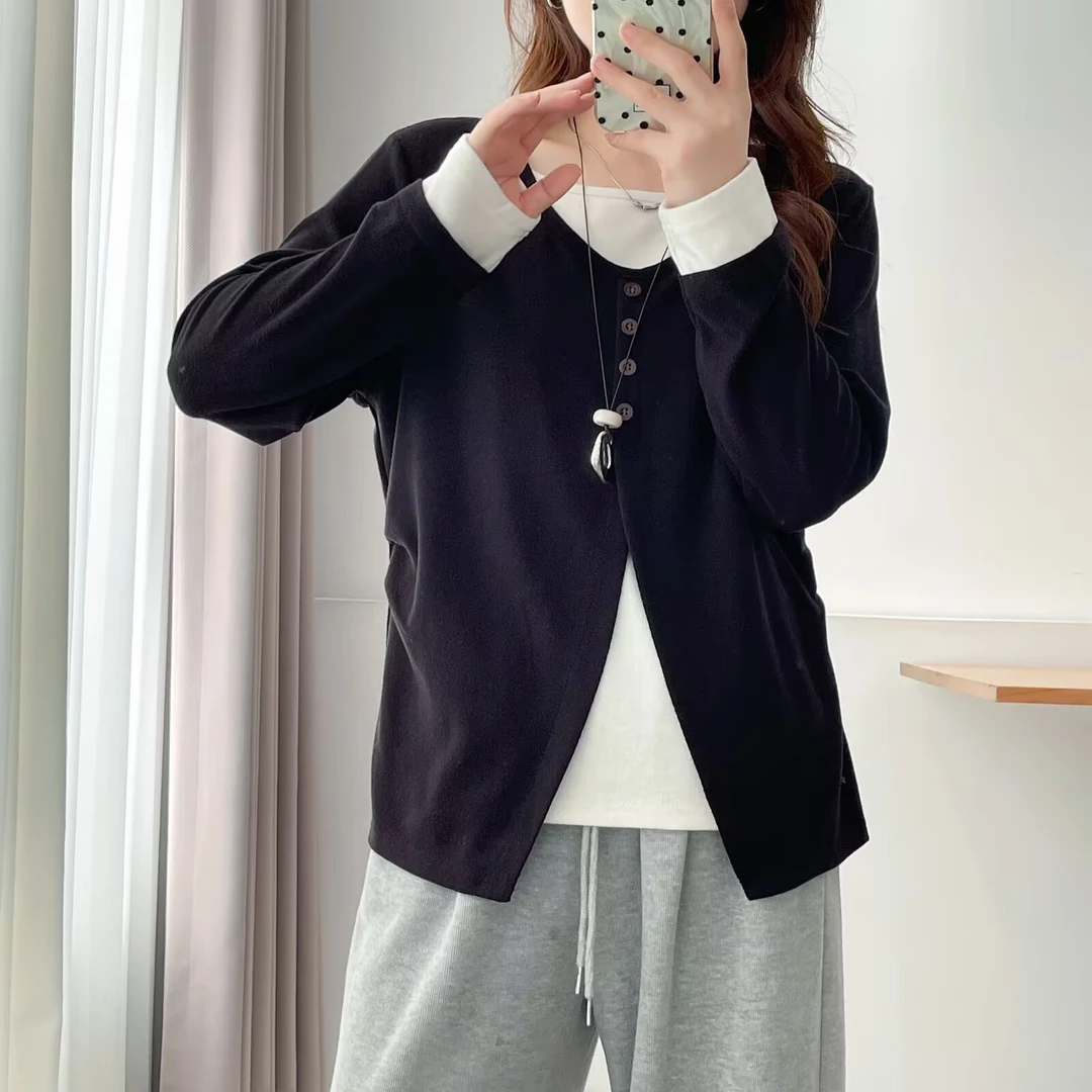 微胖MM秋季新款设计感拼色假两件长袖T恤女大码宽松百搭打底上衣