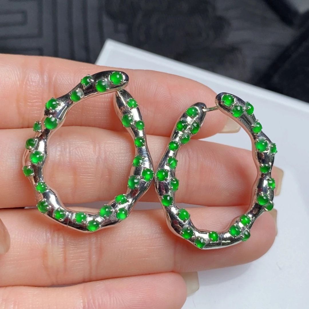 翡翠18K金镶嵌耳饰设计款小蛋面耳扣