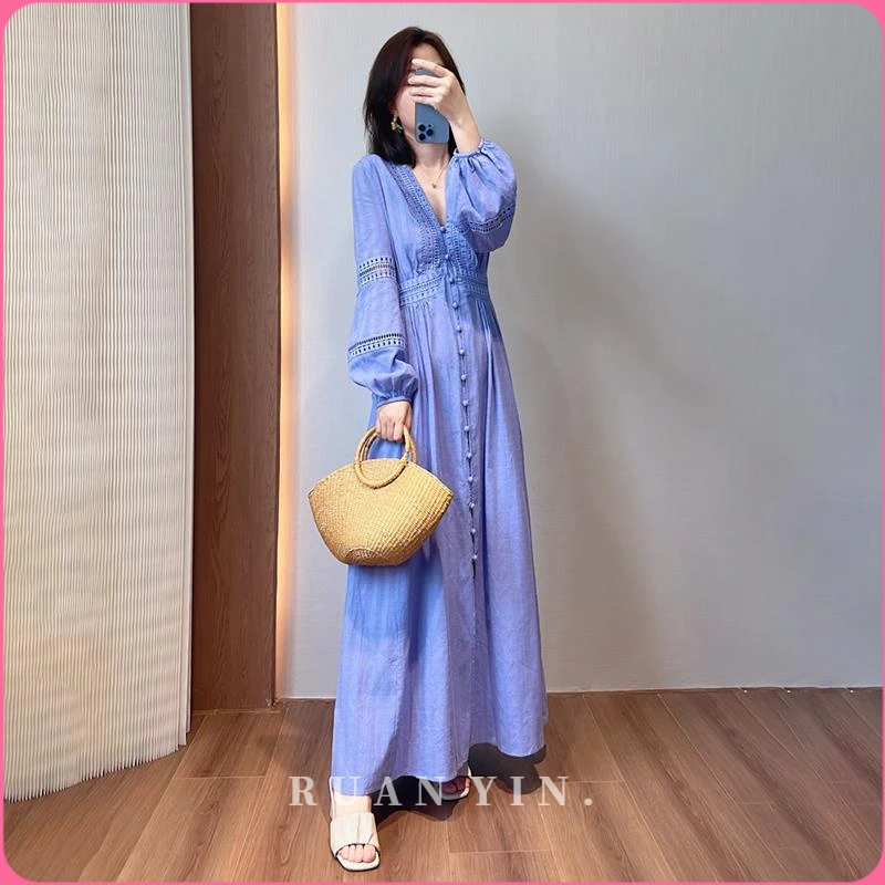 RUAN YIN美丽~爵美丽，温柔优雅的长花紫色长袖蕾丝扣茶歇连衣裙提