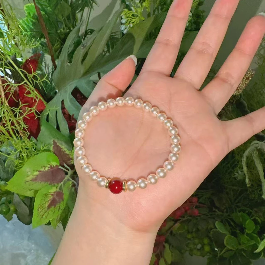 铜合金仿珍珠手链 原创设计菊粉琉璃珍珠手链手串一点红设计款