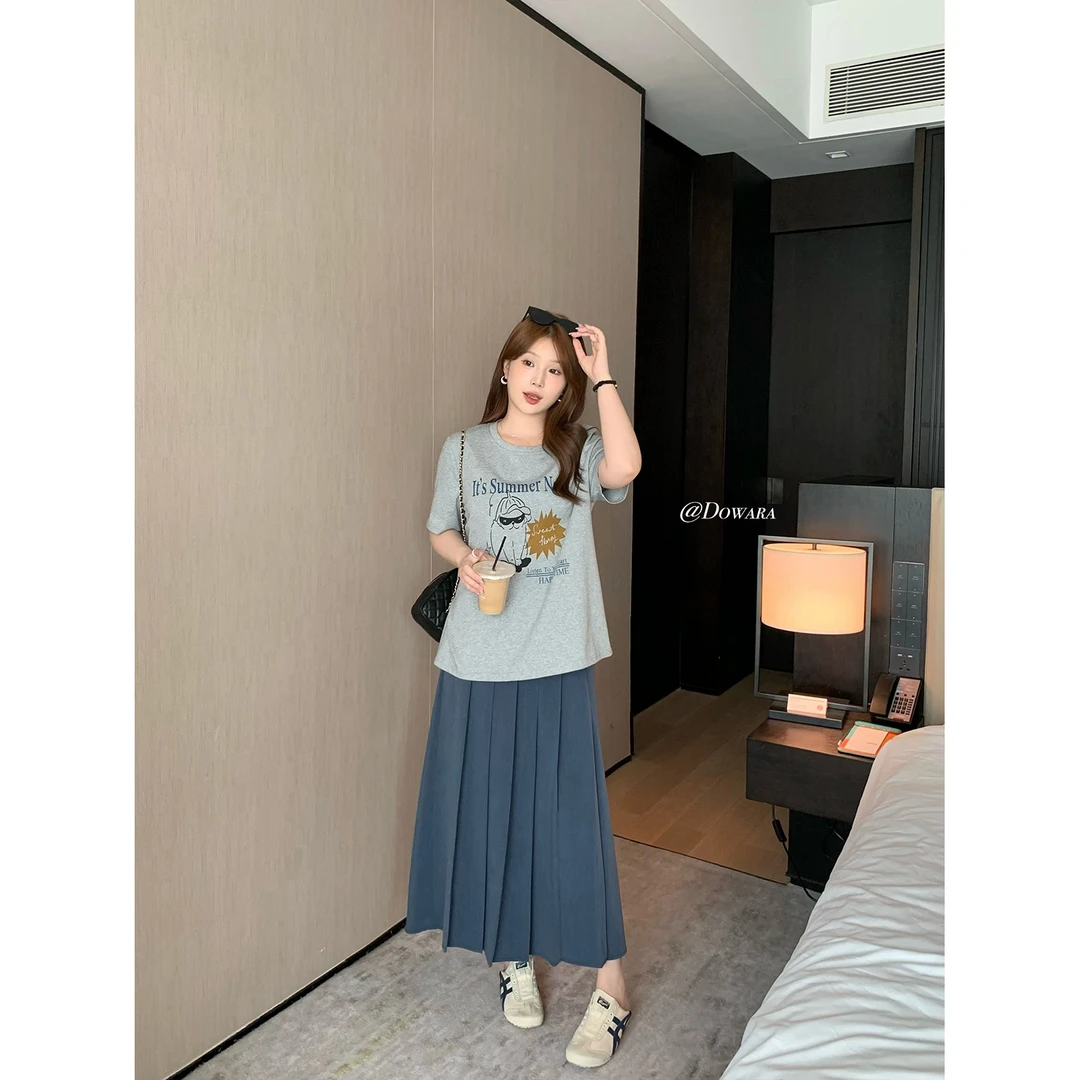 现货大婉酱微胖定制韩系设计感压褶半身裙夏季薄款显瘦裙子 6996D