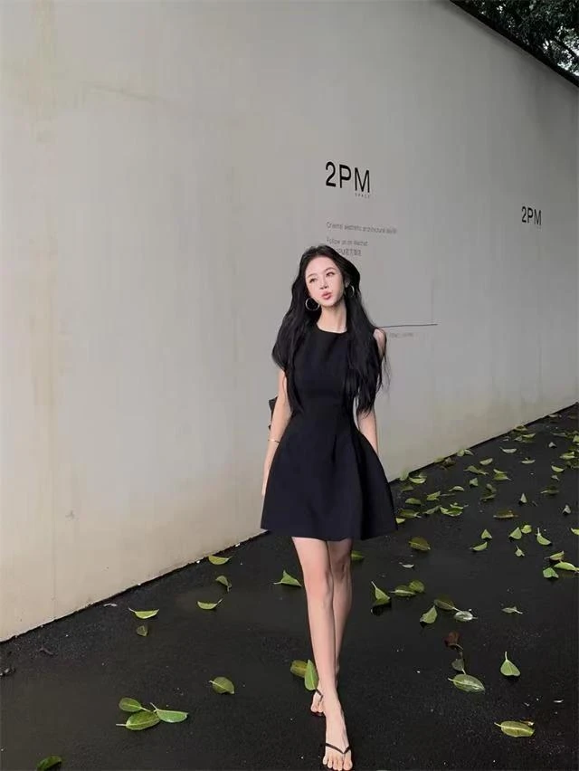 裙长90西装面料高个子加长连衣裙女夏款高级感显瘦短裙气质小黑裙