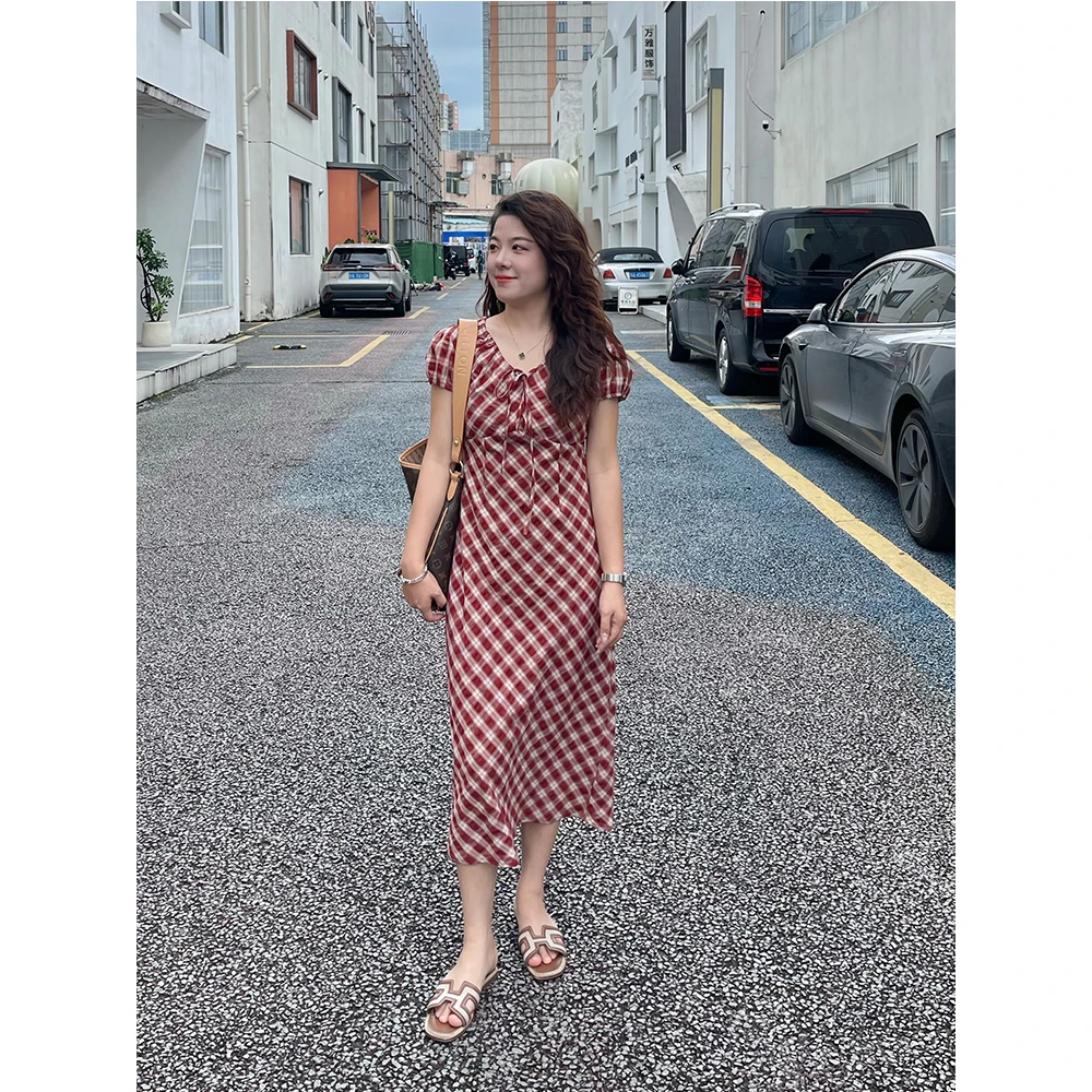 WenWen小个子复古撞色格纹抽褶连衣裙瘦中长款裙子4162
