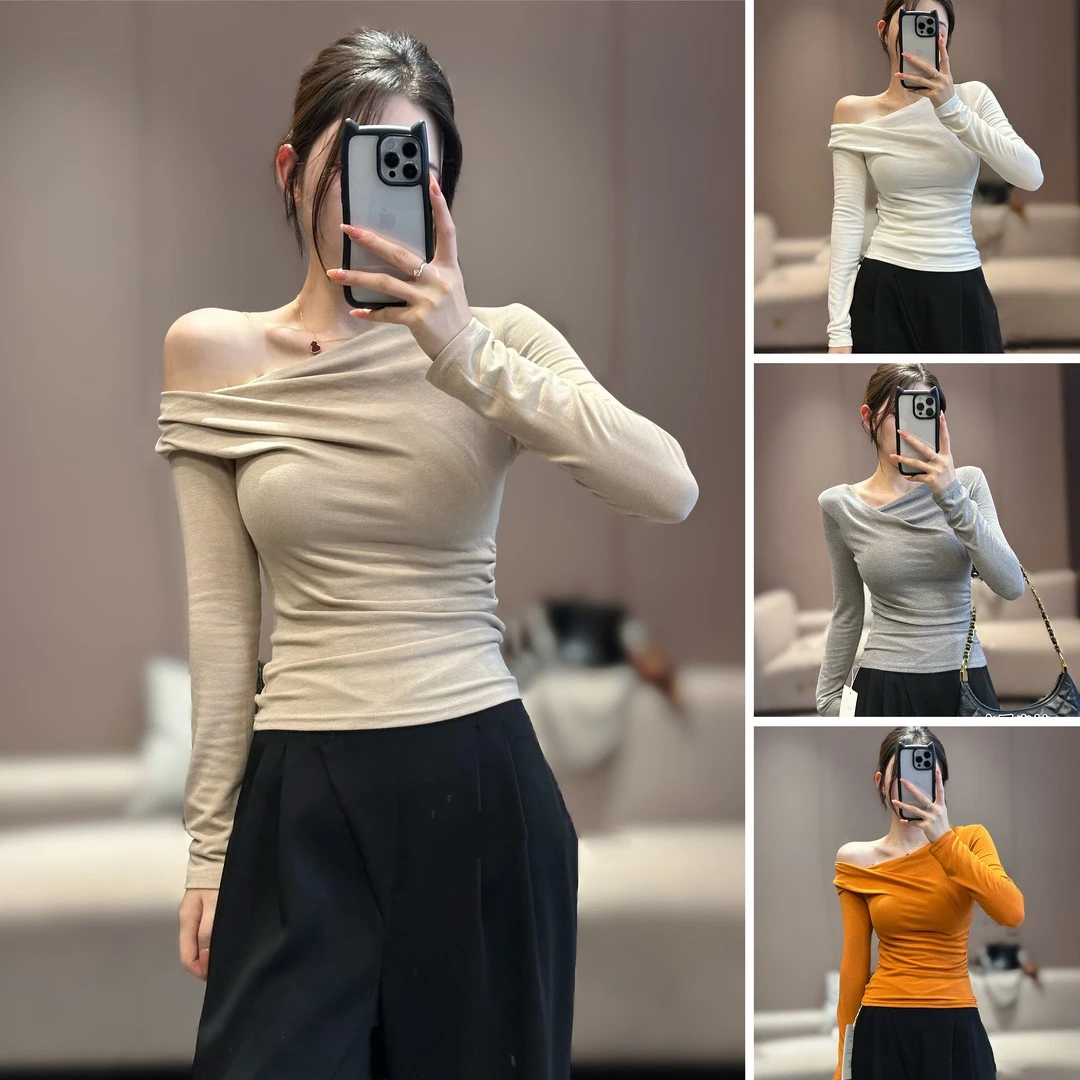 2025秋季新款设计感荡领斜肩一字肩长袖T恤女显瘦打底衫上衣