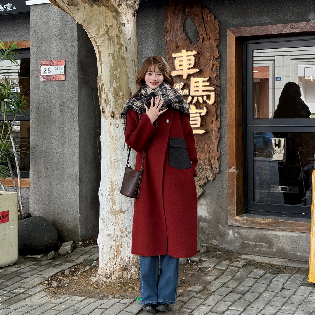 25906 韩版宽松复古经典百搭设计双面呢简约时尚立领长款羊毛大衣