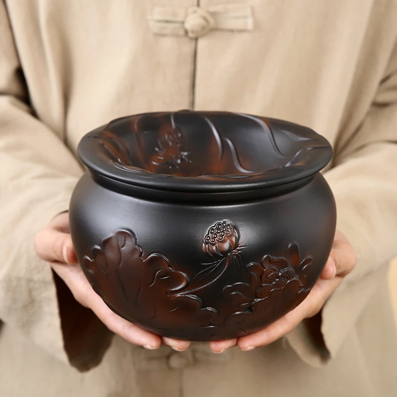 茶洗高档茶渣缸紫陶建水家用桌面带盖分离过滤水盂大容量茶具配件