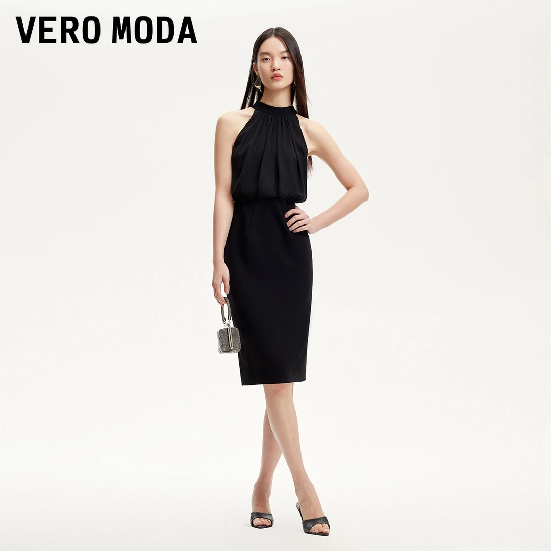 Vero Moda连衣裙挂脖系带设计褶皱雪纺拼接连衣裙百搭32517A010