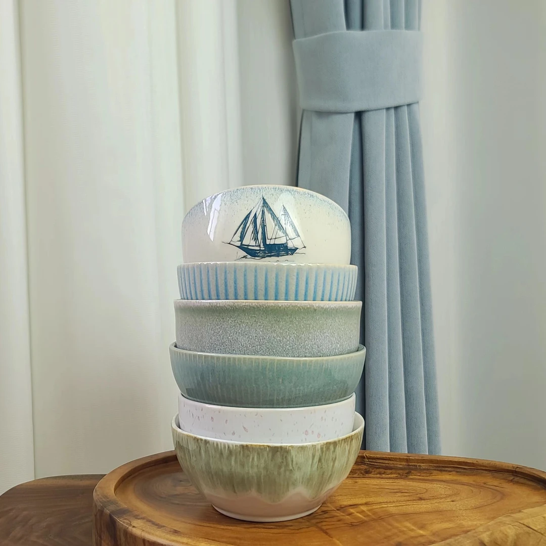 釉下彩5-7英寸复古元素ins风碗餐具色釉米饭碗手工小碗马克杯