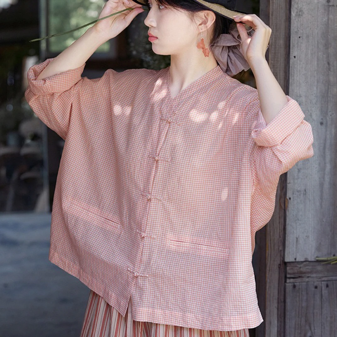新款【民艺】夏款橘红格中式绵柔宽松V领小衬衫