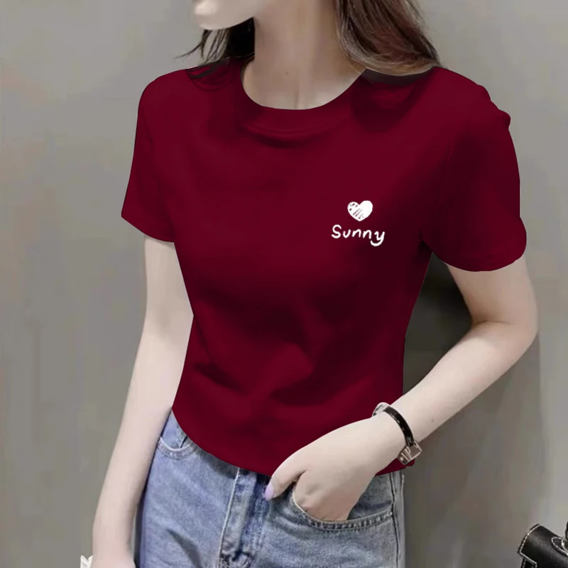 正肩红色短袖t恤女装大码夏季修身显瘦爱心印花体恤洋气减龄上衣
