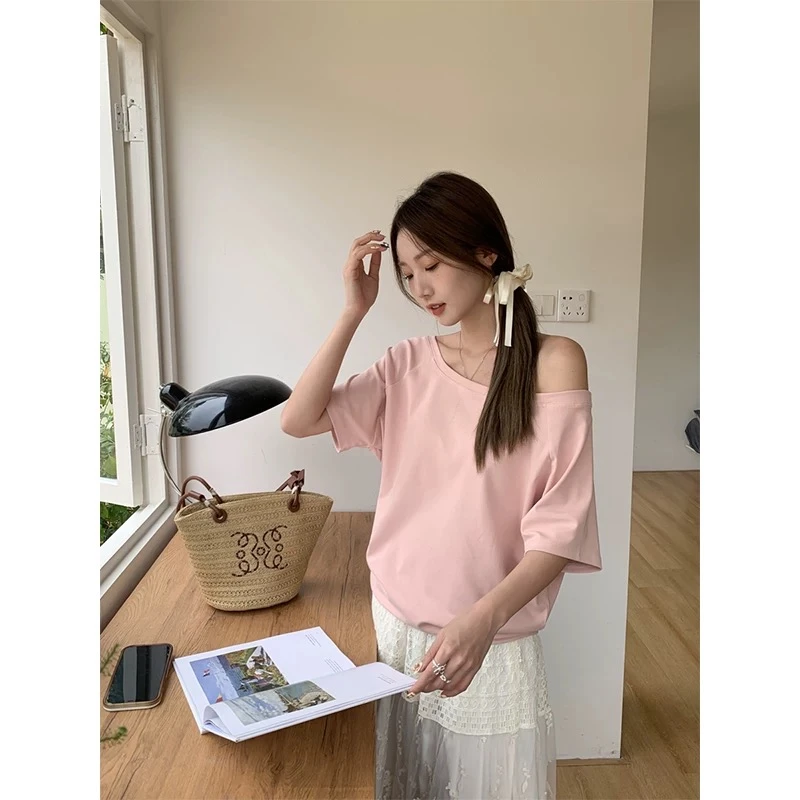 松弛感显瘦纯欲性感露肩一字领短袖T恤夏季辣妹宽松百搭纯色上衣
