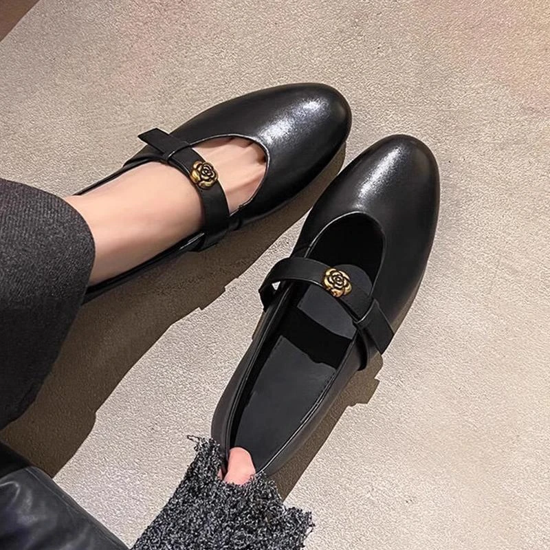 复古一字带山茶花圆头小单鞋黑色百搭女英伦风一脚蹬平底玛丽珍鞋