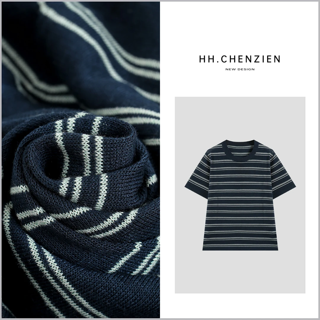 【黑黑家】夏季新款女士圆领条纹设计针织衫上衣