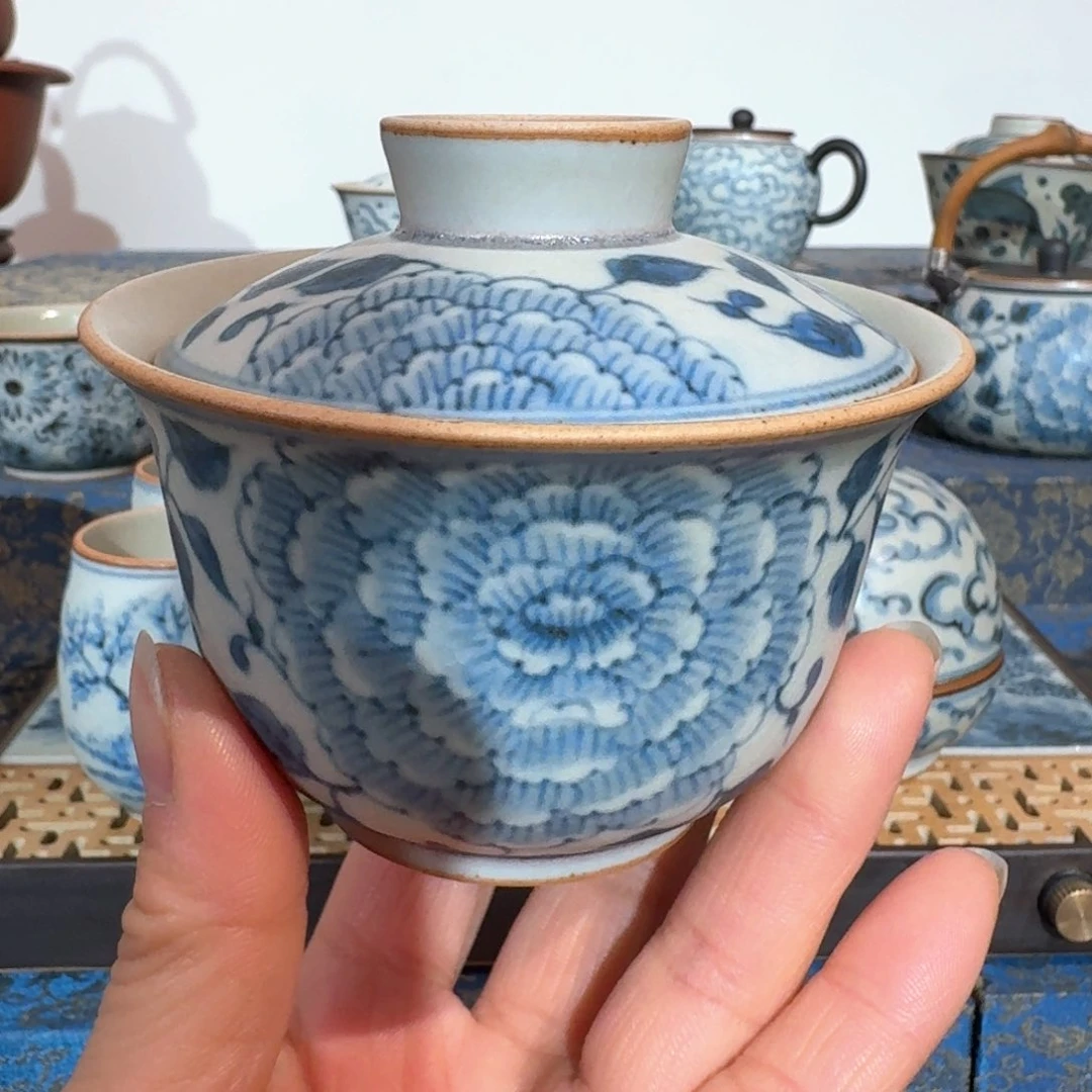 迷*?朴云堂手绘牡丹盖碗