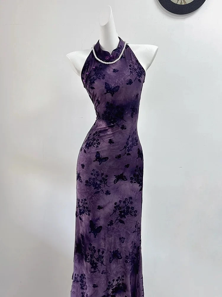 紫色绝美旗袍女性感纯欲风2025新款夏季改良新中式国风挂脖连衣裙