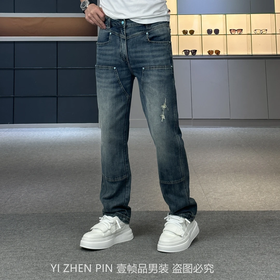 【壹帧品】美式伐木牛仔裤潮牌直筒水洗破洞潮流时尚宽松男士长裤