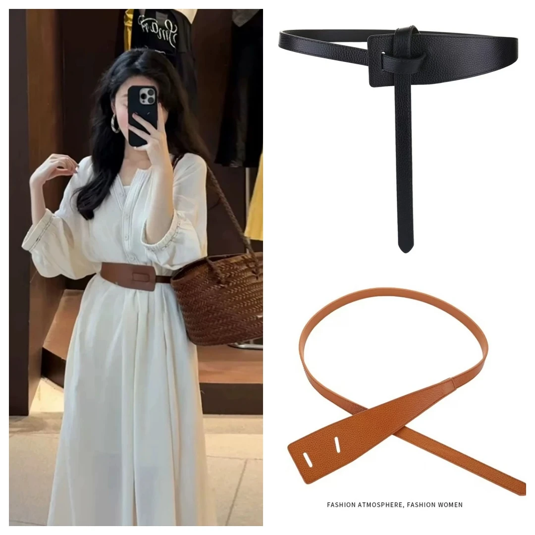 女士牛皮宽腰带真皮百搭腰封风衣气质皮带大衣黑色简约收腰ins