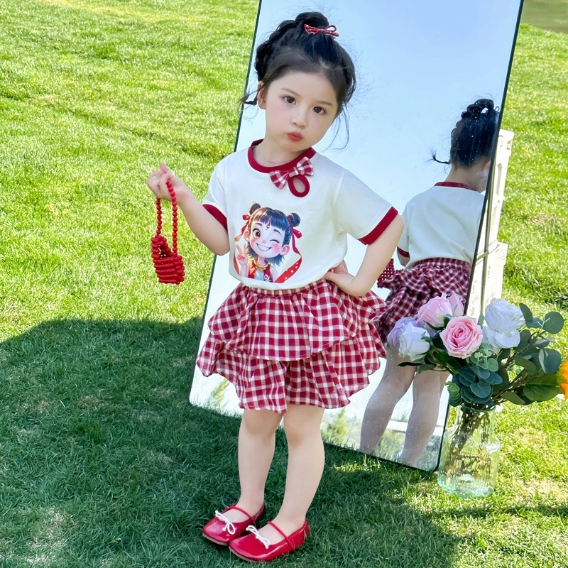 女童夏季哪吒短袖T恤套装2025款儿童格子蛋糕裙两件套宝宝薄衣服