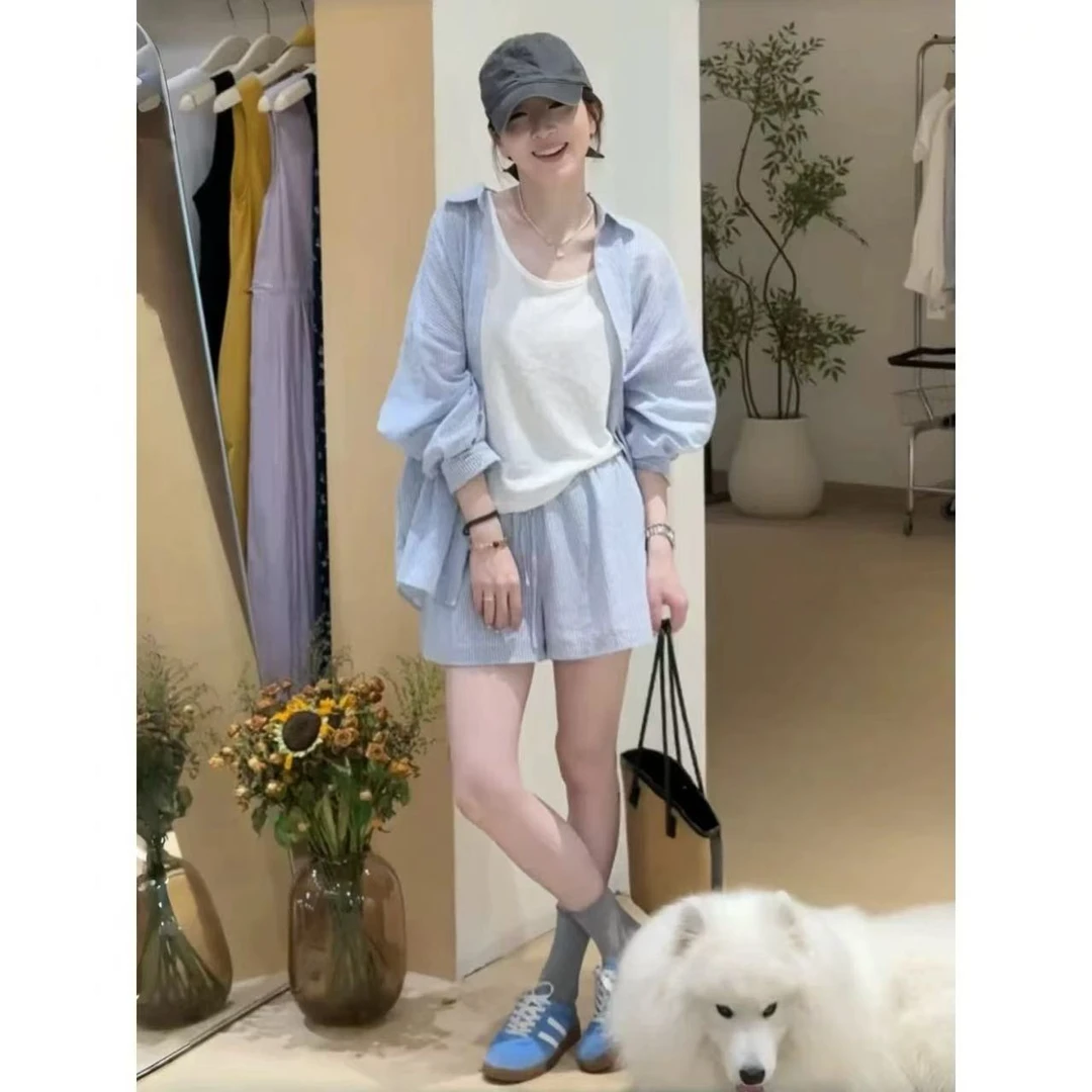 大方得体穿搭一整套夏季韩系慵懒休闲防晒长袖衬衫背心短裤三件套