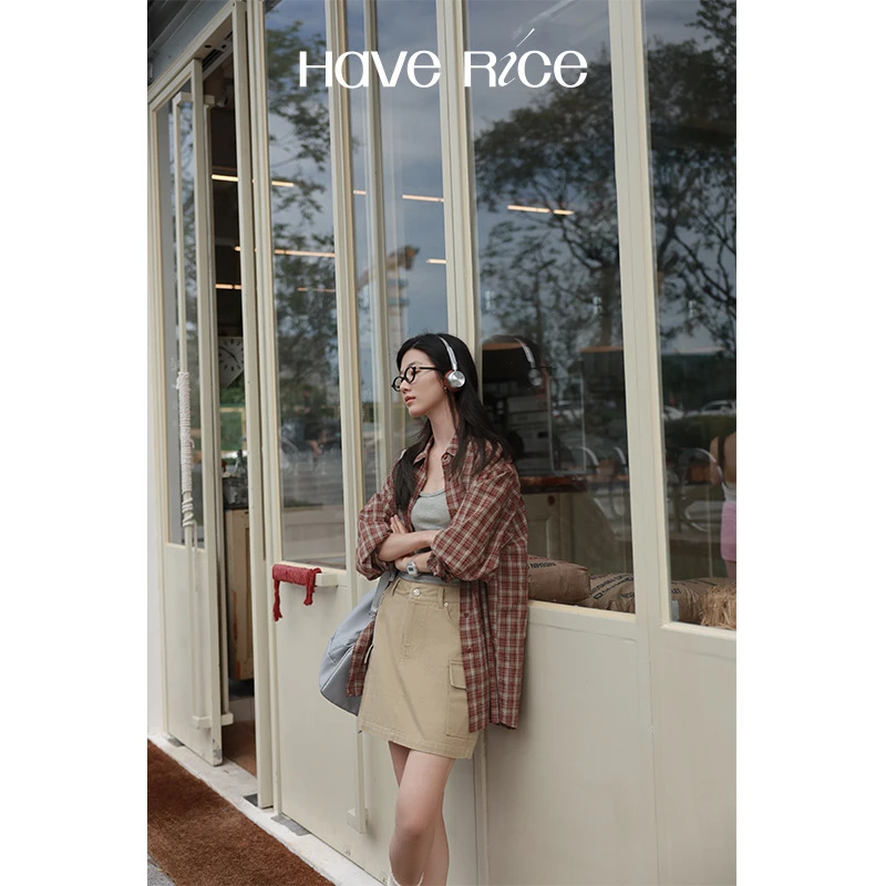 红茶拿铁格子领衬衫夏季百搭休闲衬衣小众上衣学生秋季外套