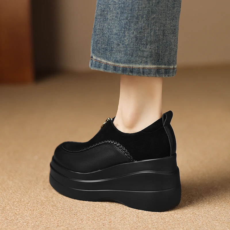 8cm小个子复古单鞋轻便厚底松糕鞋圆头休闲真皮高跟鞋不累脚深口