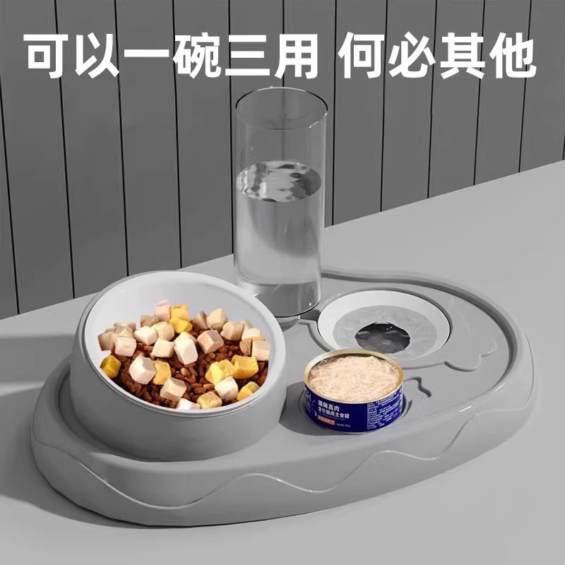 宠物碗慢食跨境可爱猫咪猫食盆猫粮碗双碗自动饮水斜口喝水一体