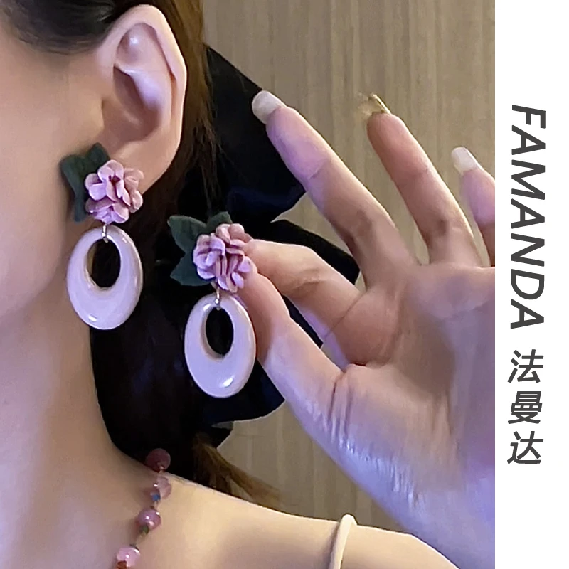 非金属树脂耳饰 【粉花仙子】花朵吊坠粉色长款仙气耳环