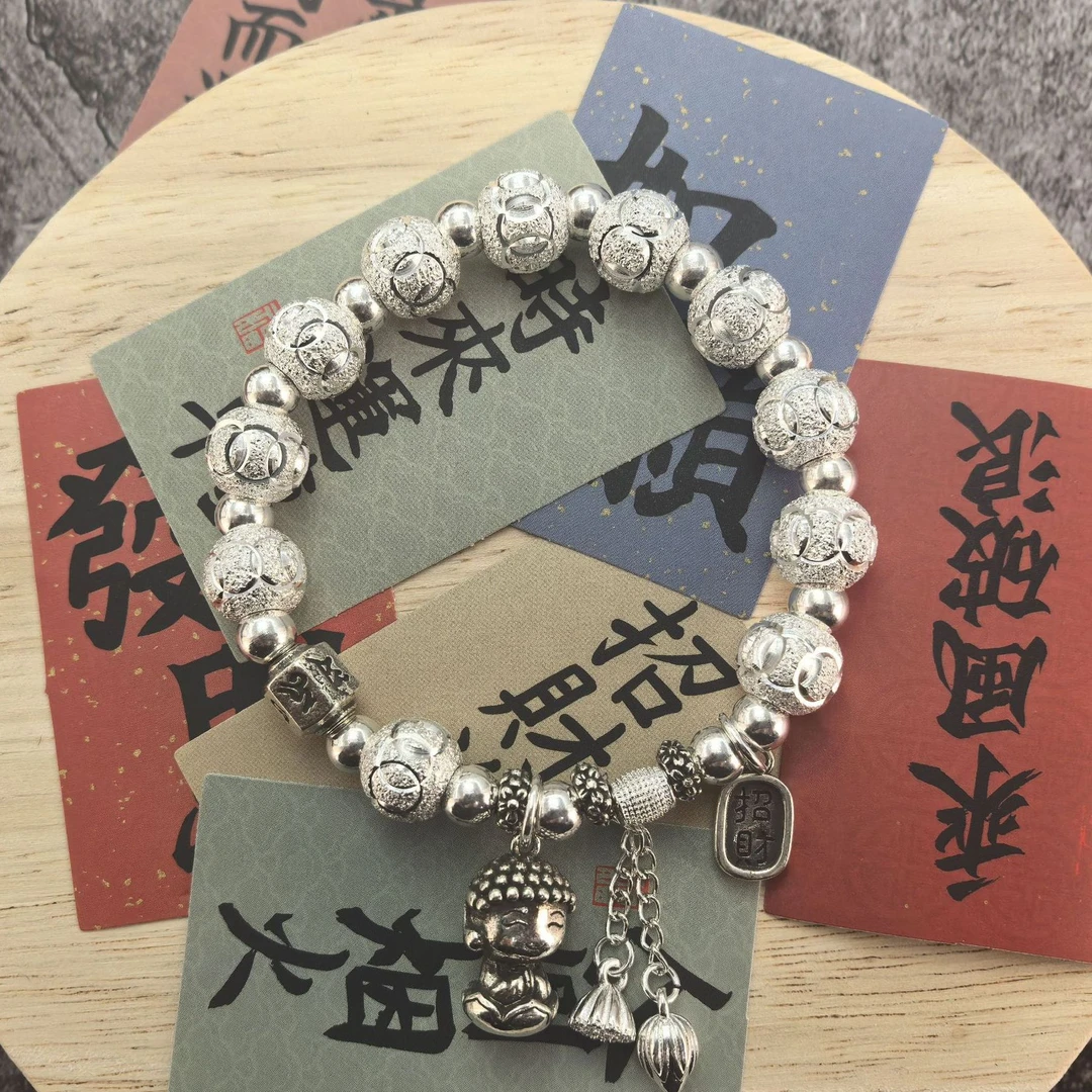 足银手链 3D古法福顺小佛暴富女手串万事顺心招财