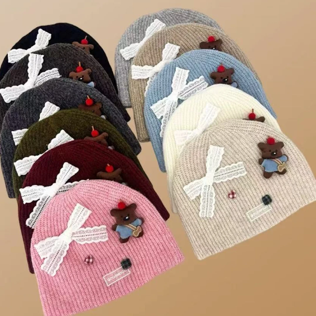 春秋蝴蝶结针织帽可爱风秋冬帽子时尚百搭款