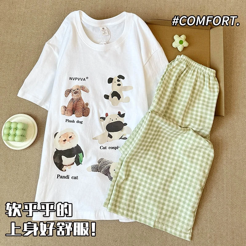 韩版睡衣女夏季短袖长裤纯棉薄款套装网红格子可外穿学生家居服