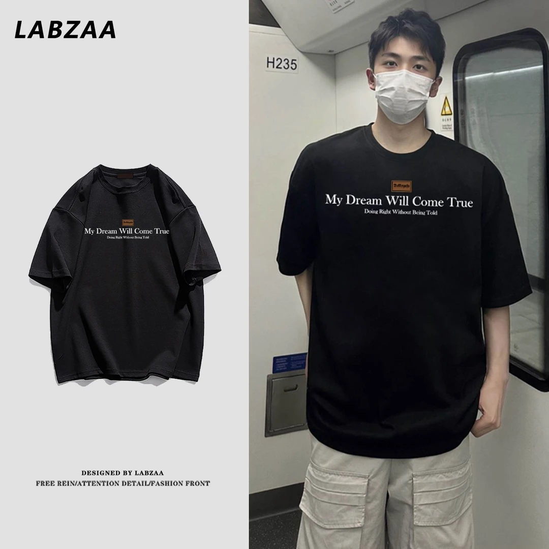 labzaa美式ins创意字母印花短袖t恤男女夏季高街复古百搭纯棉上衣