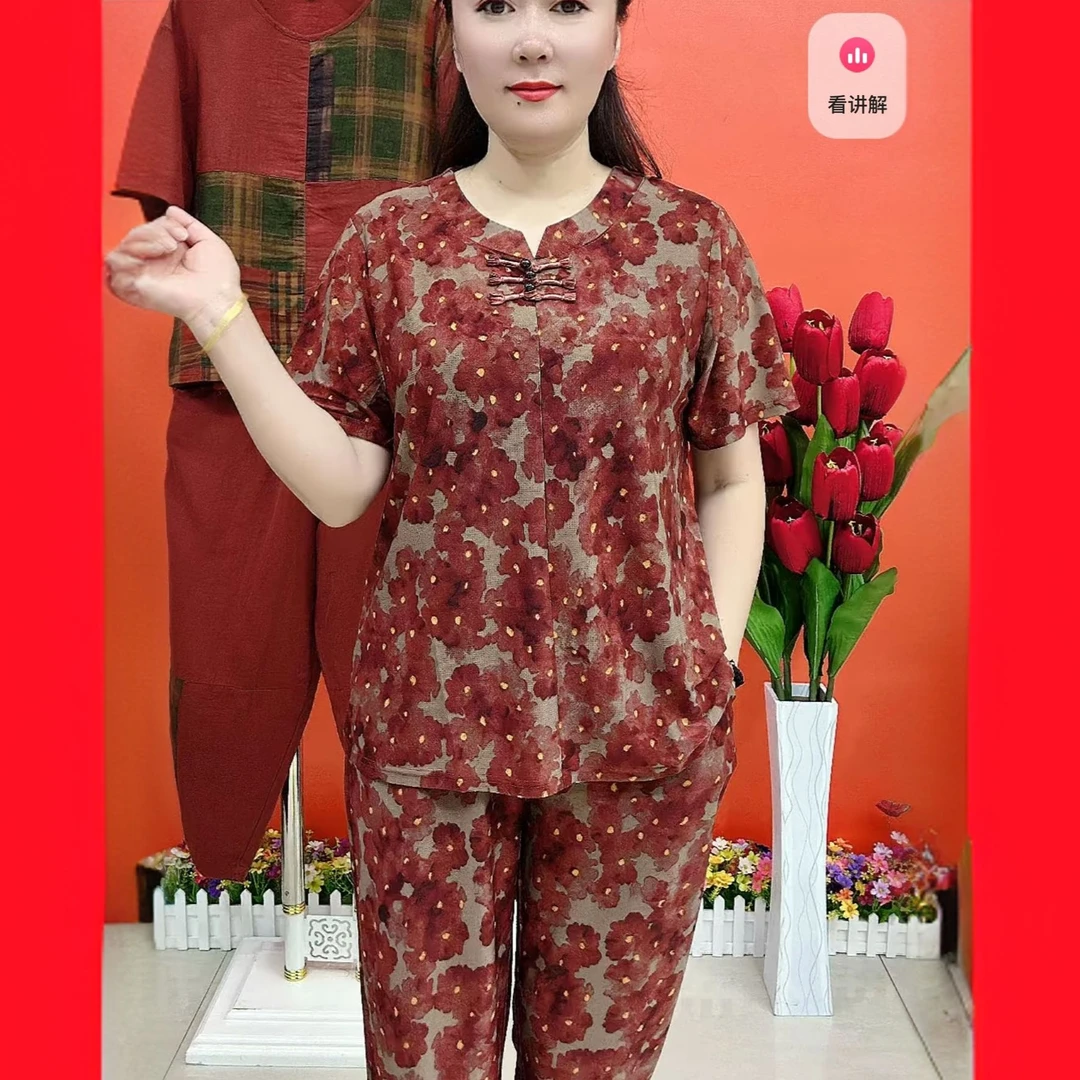 中年夏季新款休闲套装女宽松遮肚显瘦洋气减龄清凉透气两件套女