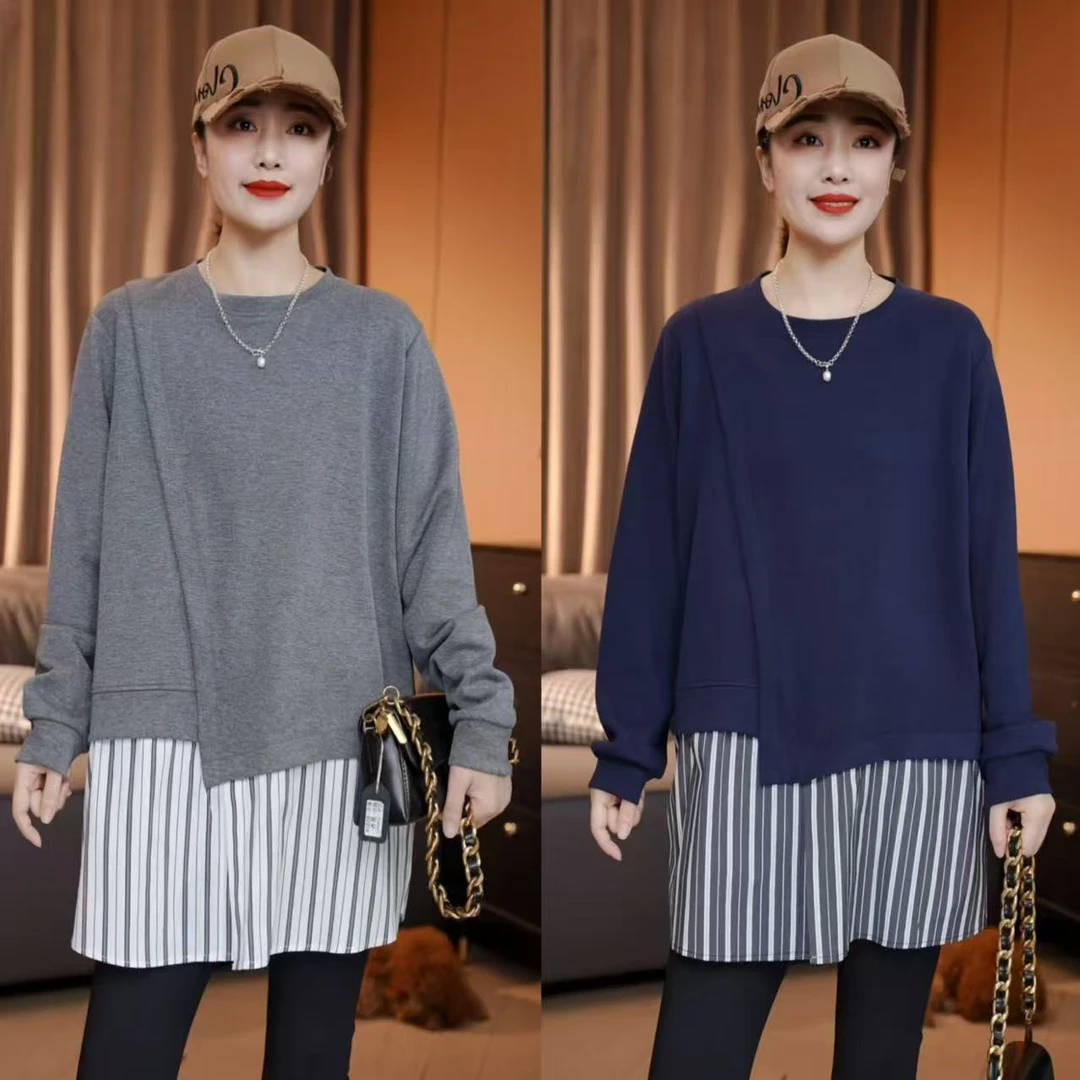 秋季新款 韩系条纹拼接假两件T恤气质显瘦遮肉百搭遮肚圆领上衣