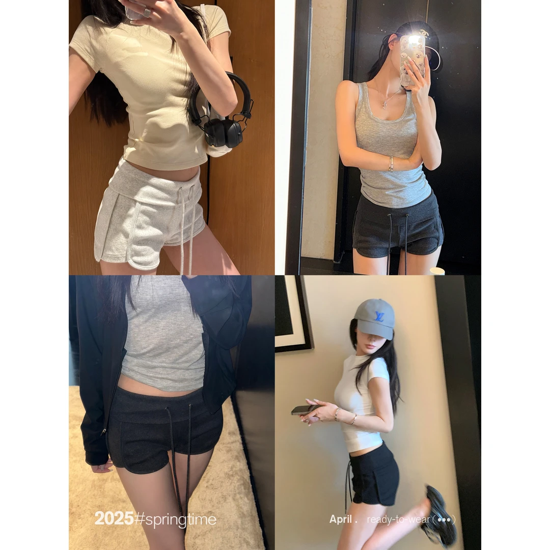 SUNONEONE 罗纹抽绳休闲短裤女夏季韩版美式修身显瘦裤子H0987K