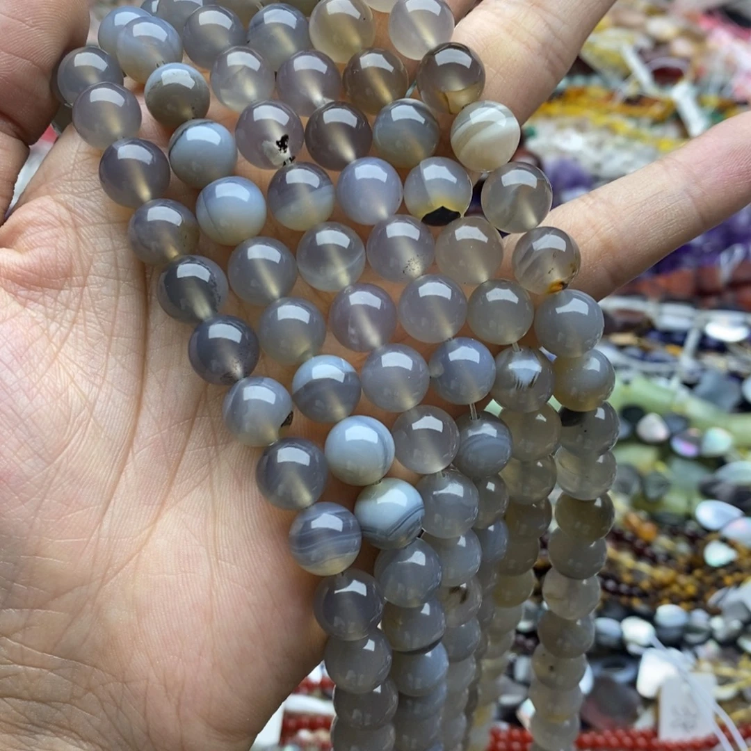 玛瑙/玉髓未镶嵌珠宝半成品一条天然10mm灰玛瑙圆珠S05
