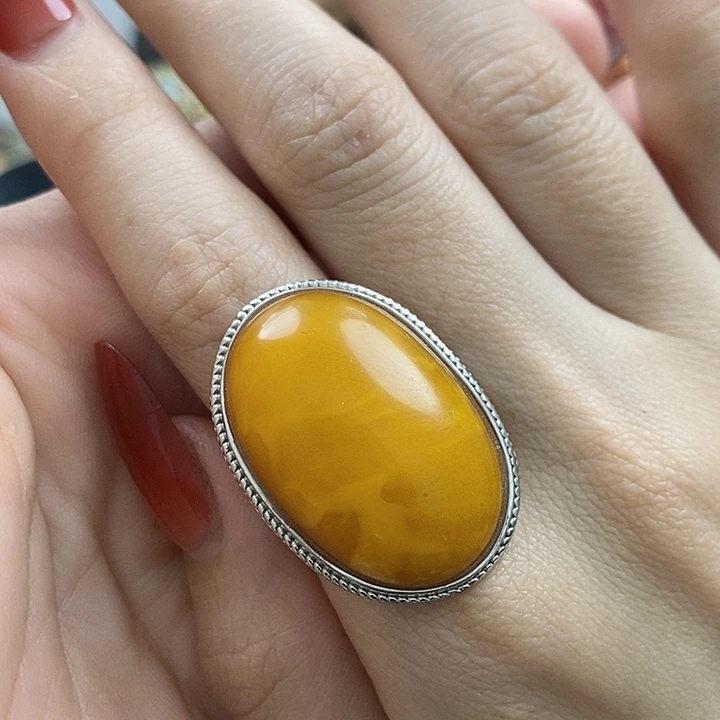 琥珀戒指银S925镶嵌戒指