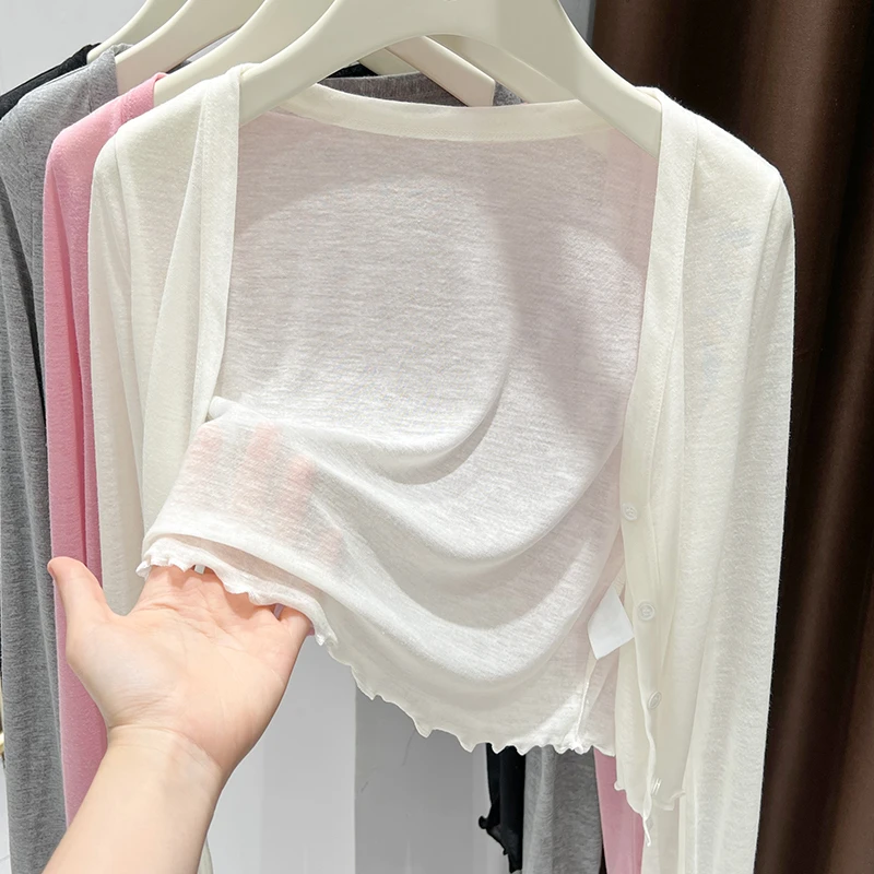 夏季新款白色防晒小披肩长袖上衣女木耳边开衫百搭针织衫外套爆款