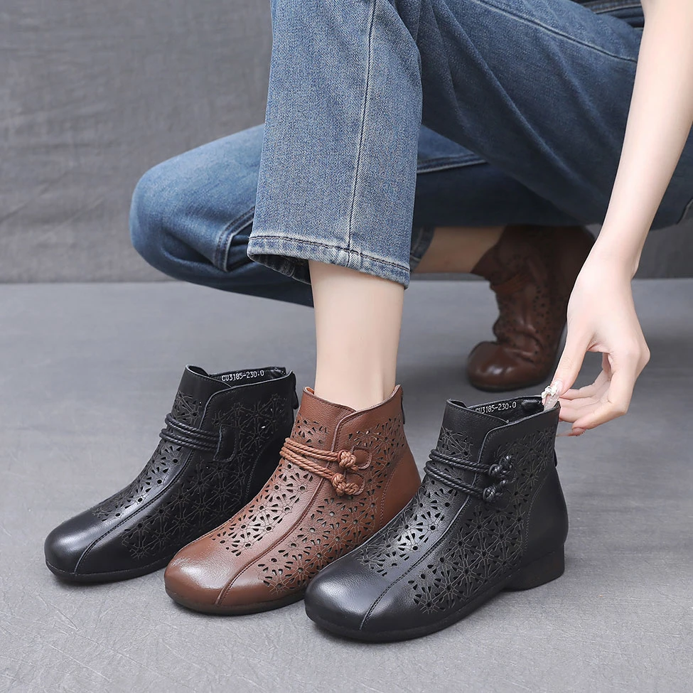 2025春夏新款真皮复古民族妈妈凉鞋洞洞短靴软皮平底镂空罗马凉靴